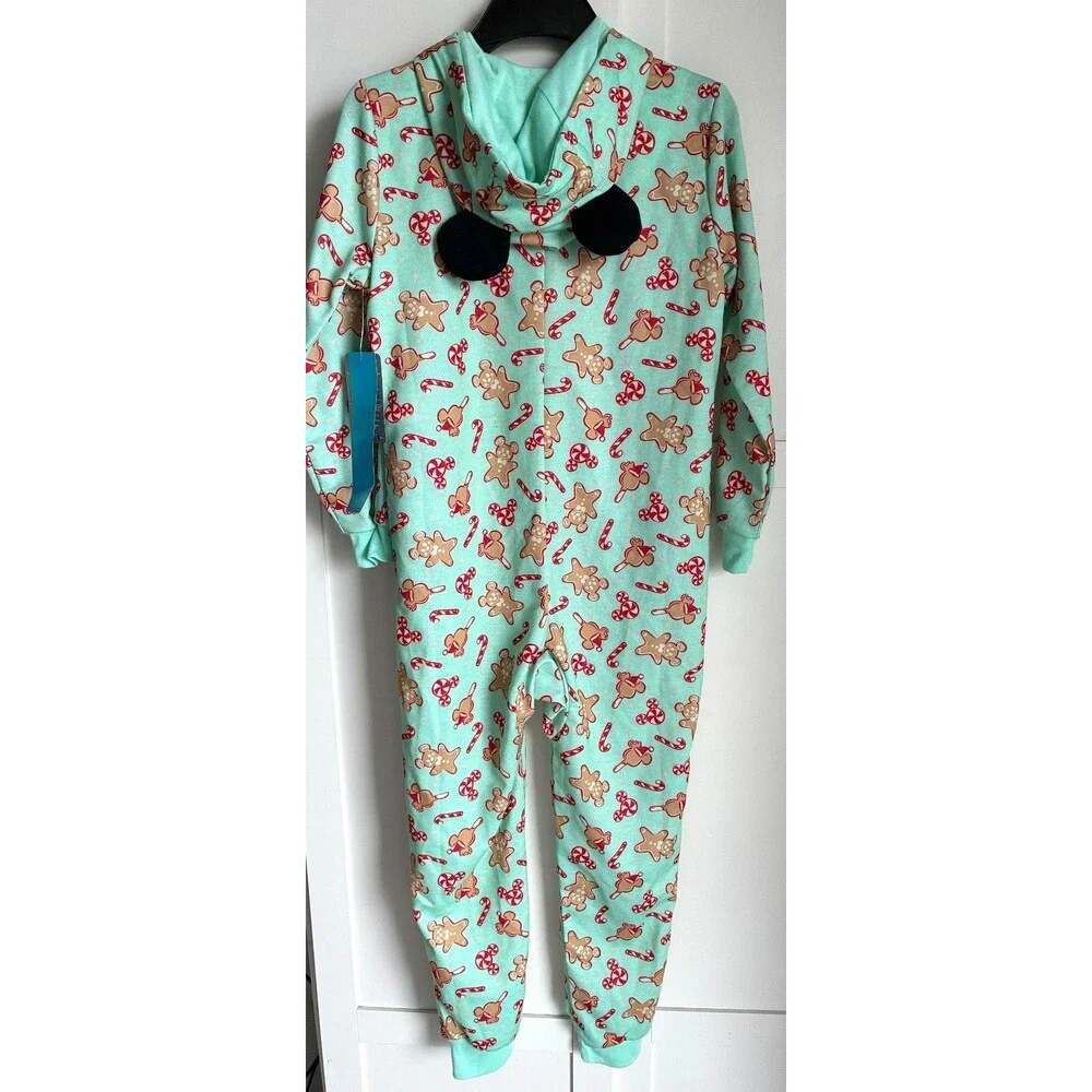 Disney Hooded One-Piece Pajama Girls Size 7/8 Mint Green Mickey Gingerbread Zip